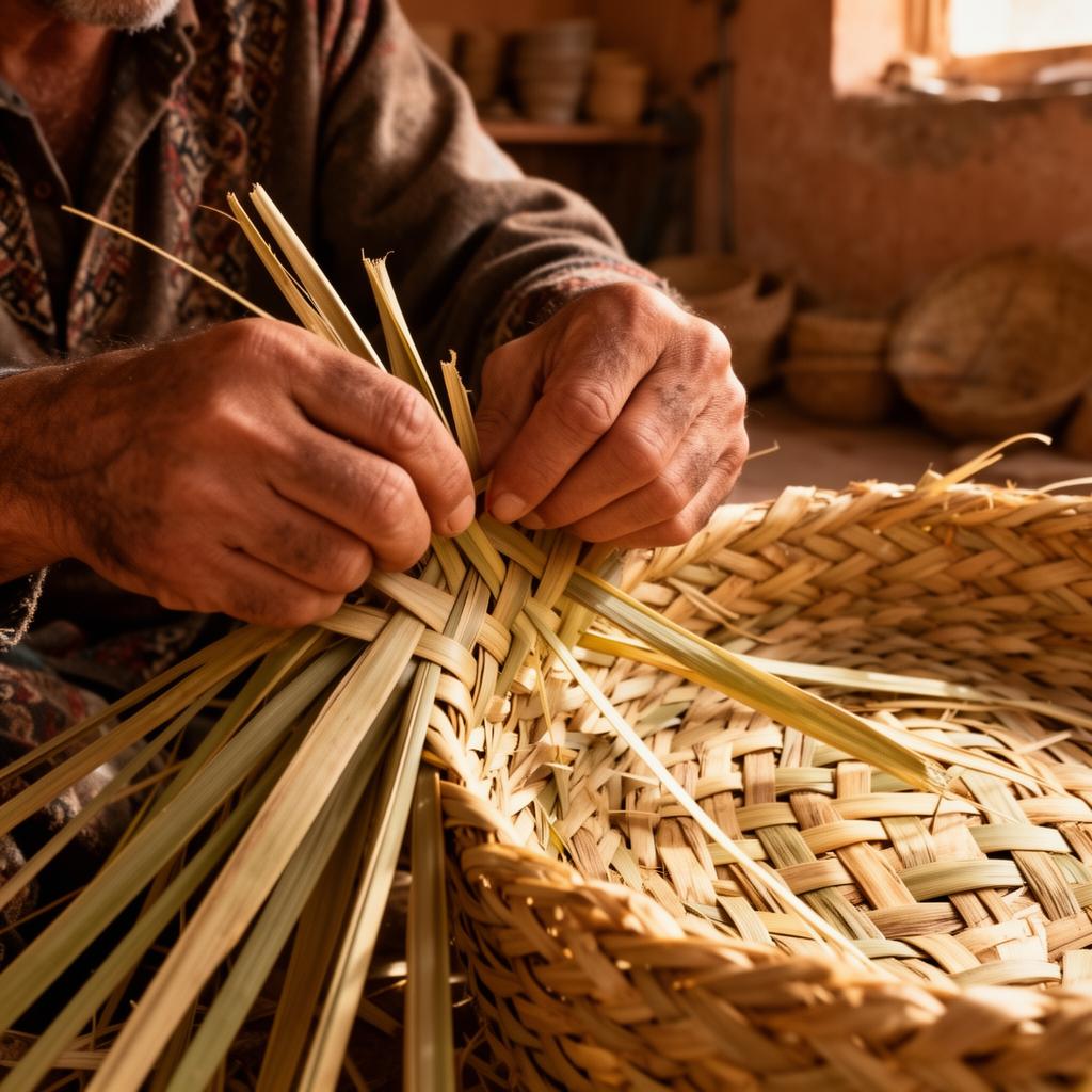 Moroccan artisan weaving a basket