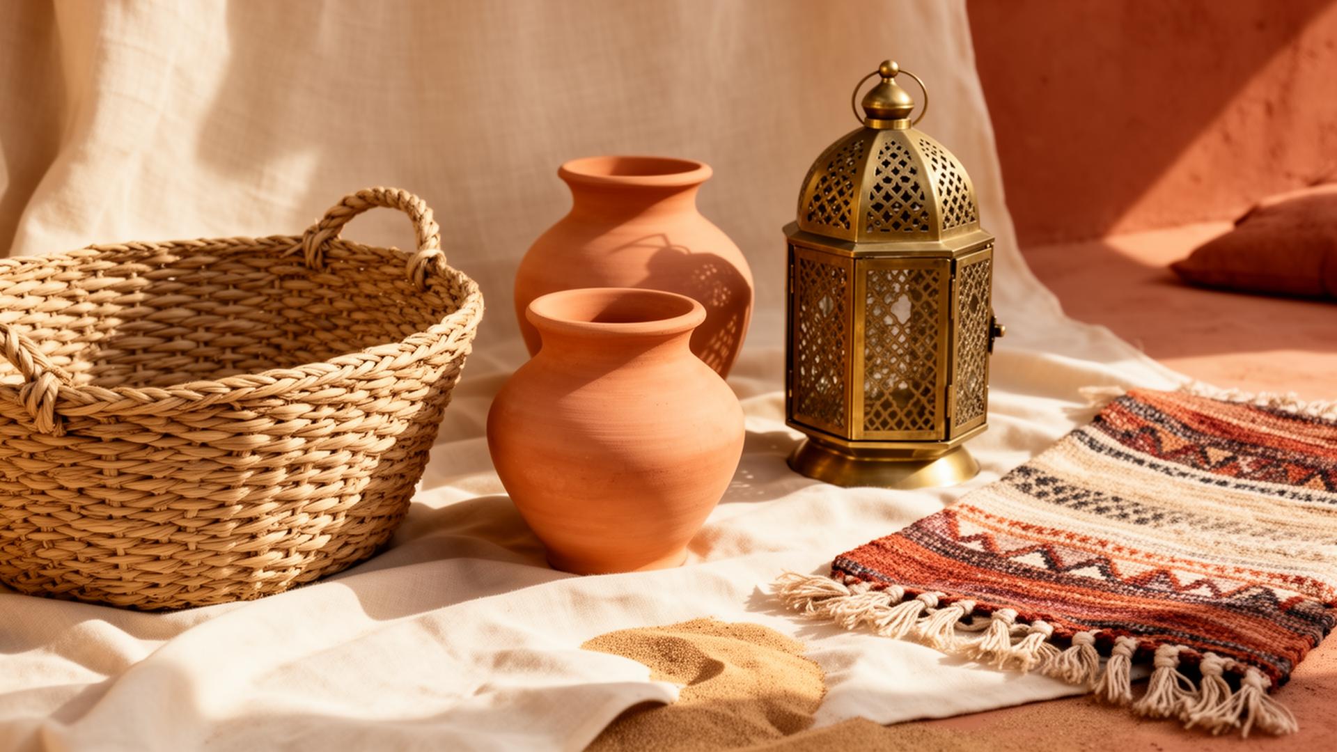 Moroccan artisan crafts — handwoven baskets, terracotta pottery and brass lantern